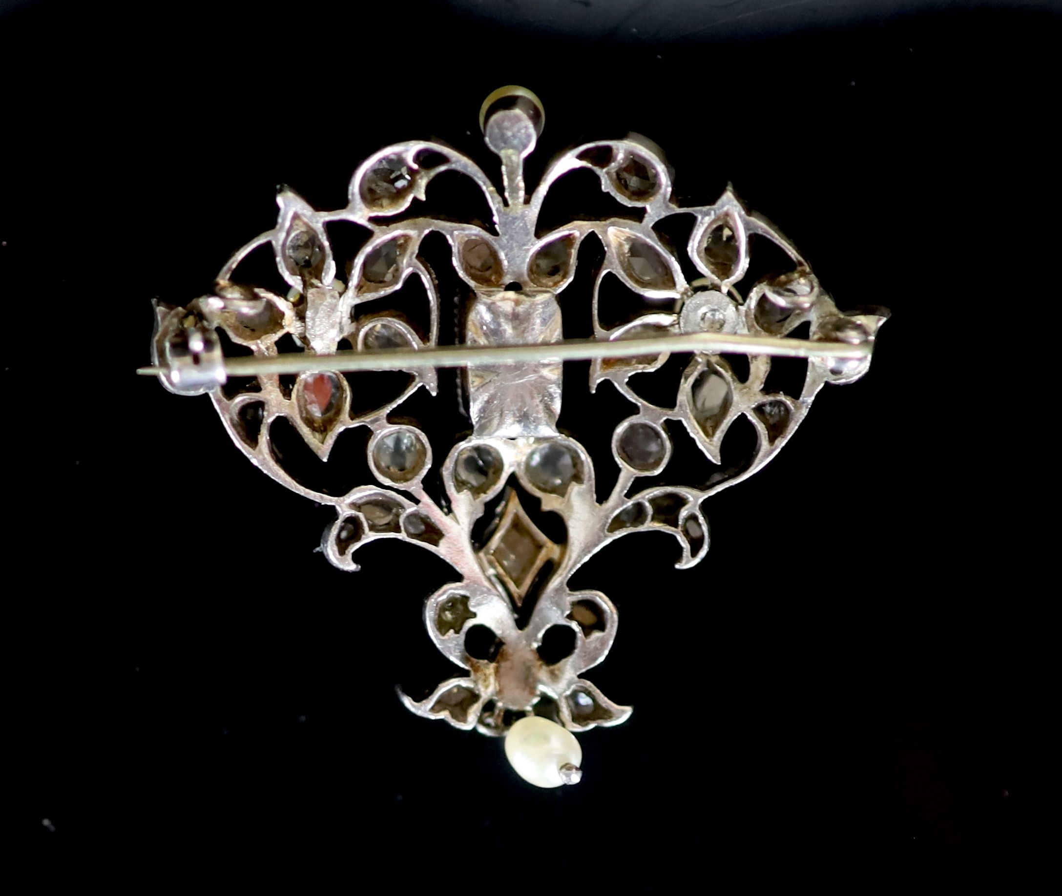 A 19th century silver and gold? emerald, pearl and rose cut diamond set drop brooch